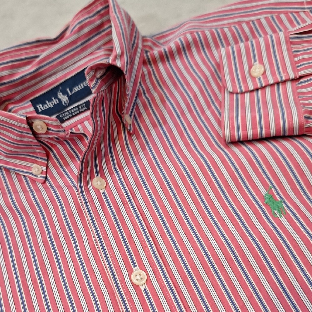 VTG Ralph Lauren Men's Striped Longsleeve Shirt Salmon Blue Lg Custom Fit Preppy
